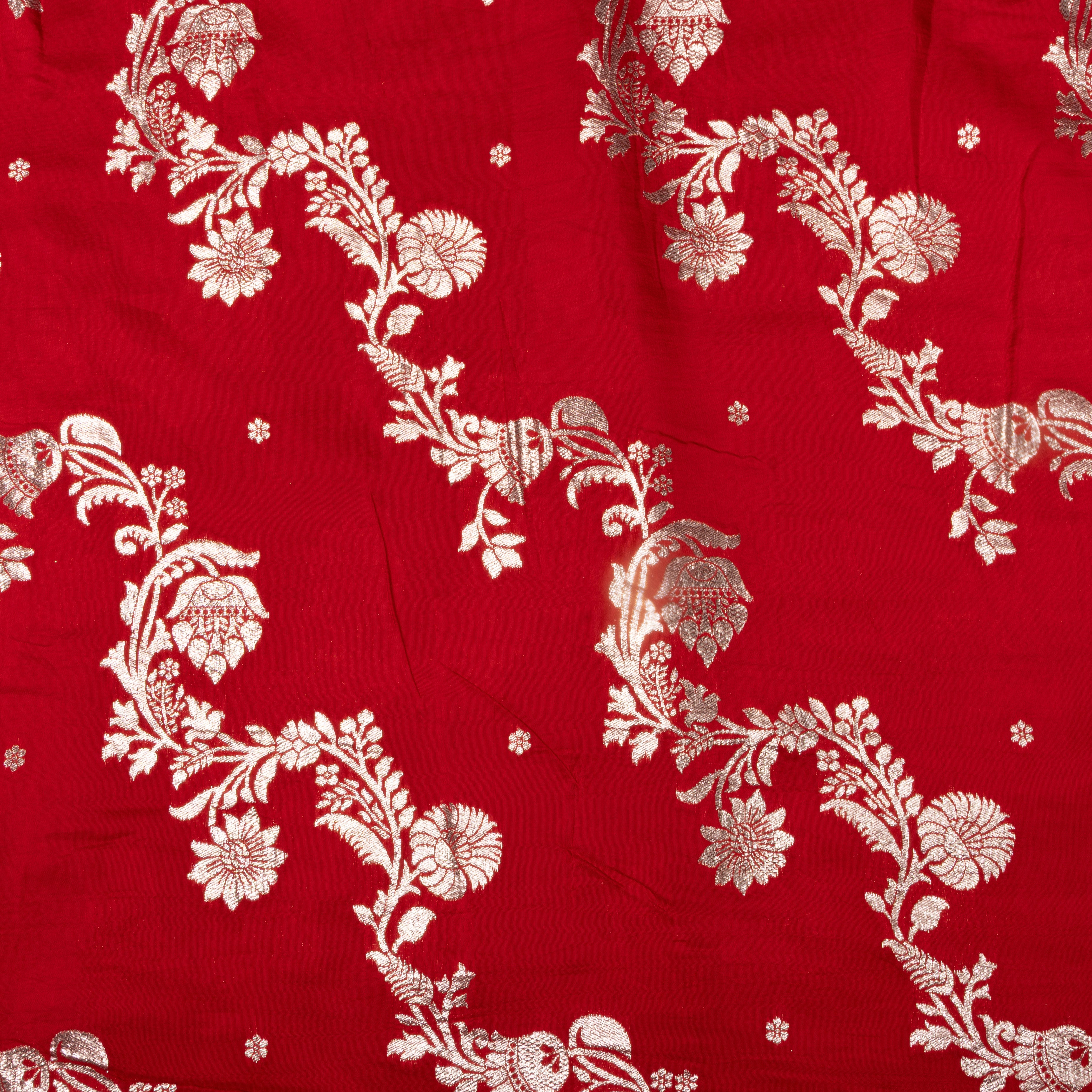 Bright Red Floral Jamawar Silk Fabric
