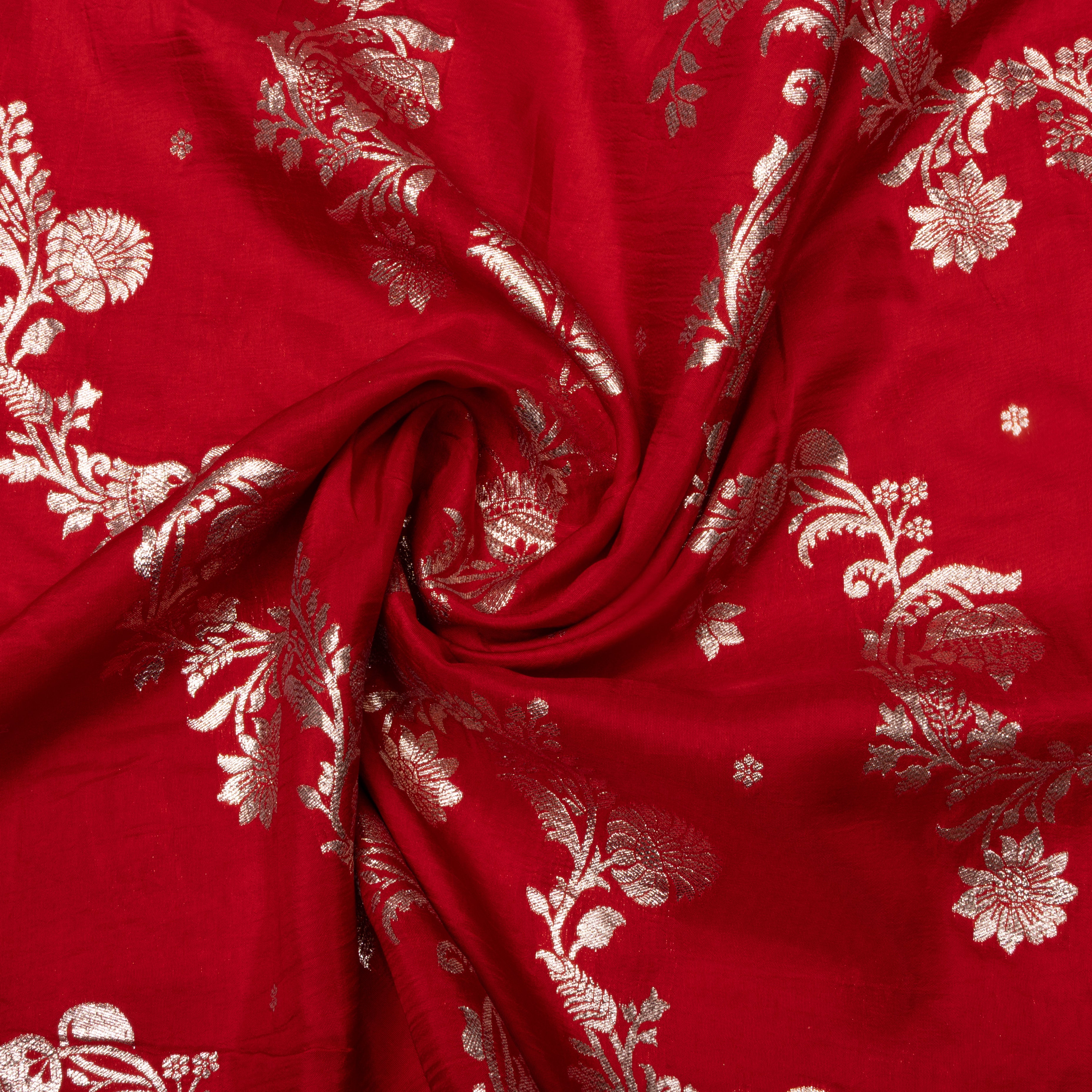 Bright Red Floral Jamawar Silk Fabric