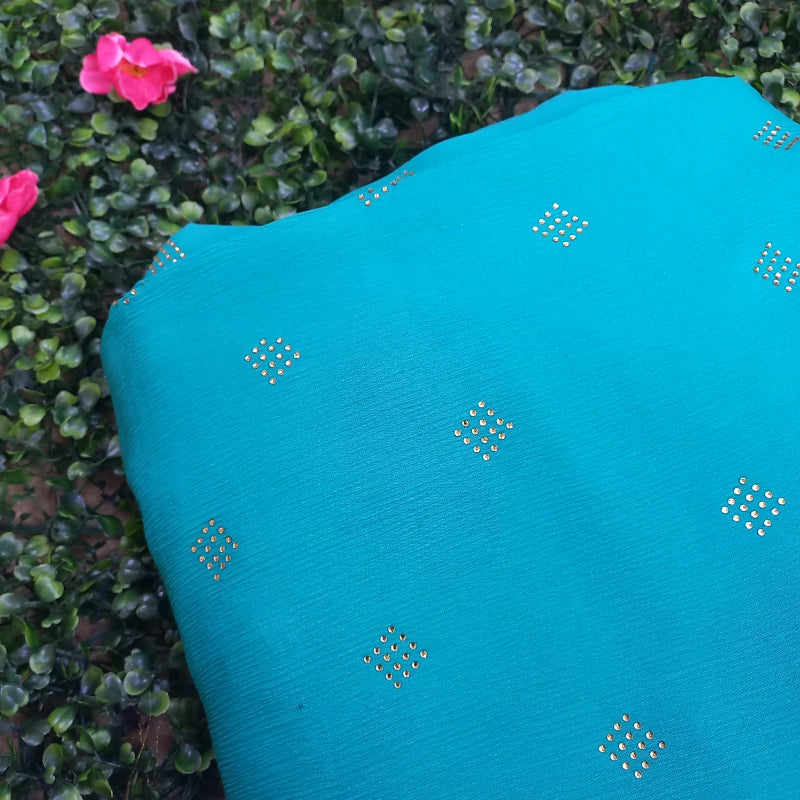 Deep Sky Blue color Chiffon embroidery Fabric