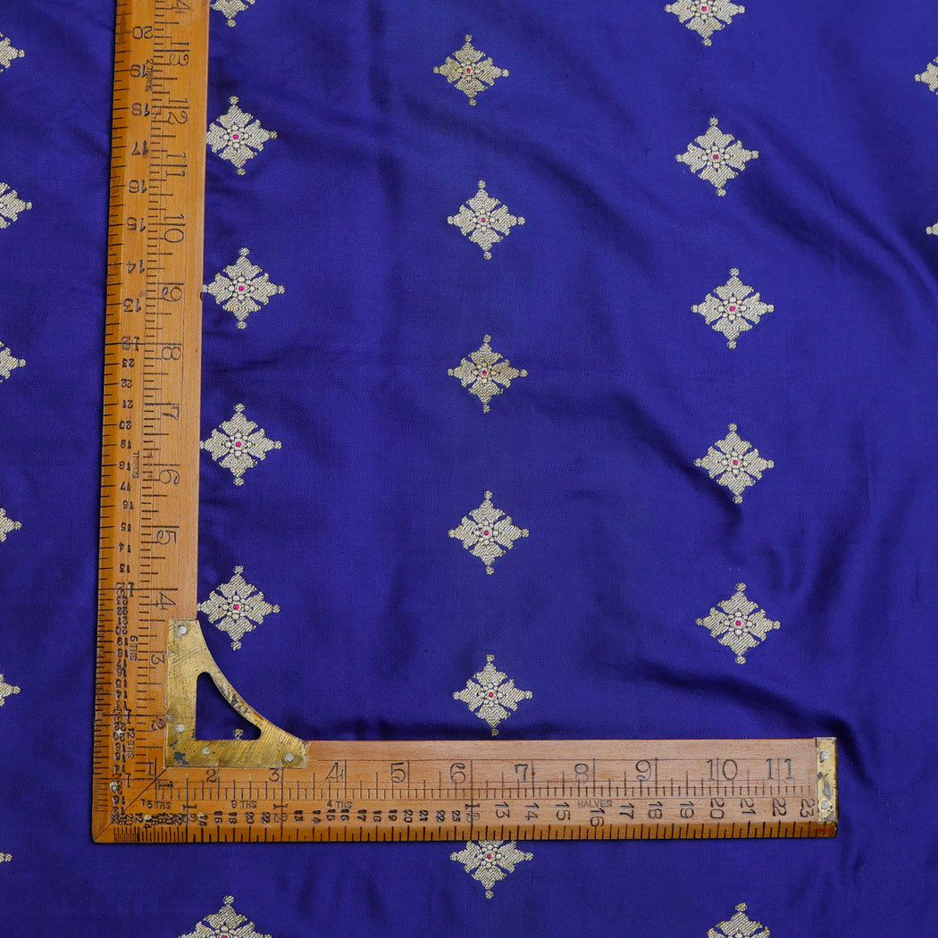 Dark Blue Color Silk Fabric With Floral Buttis