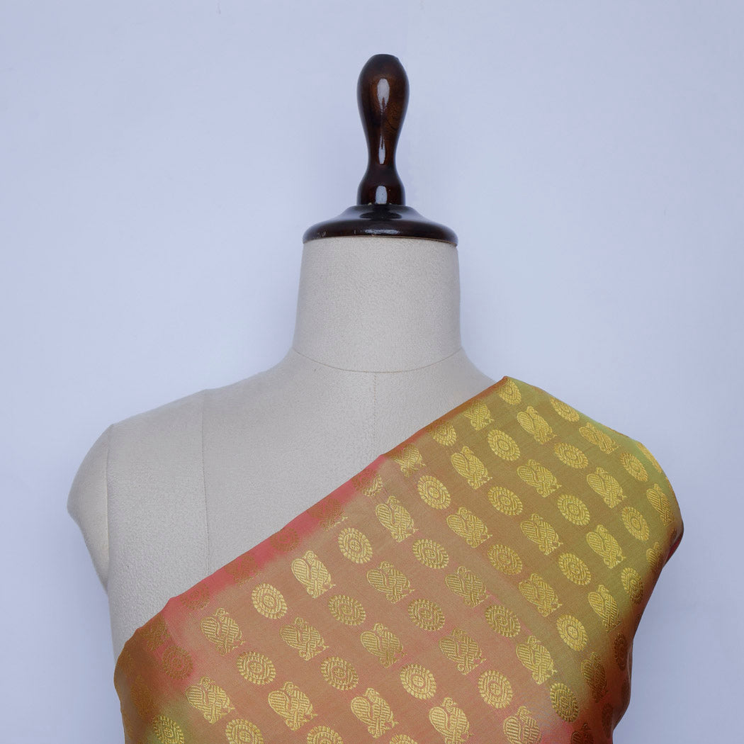 Coral Orange Color Silk Fabric With Floral And Mayil Buttis