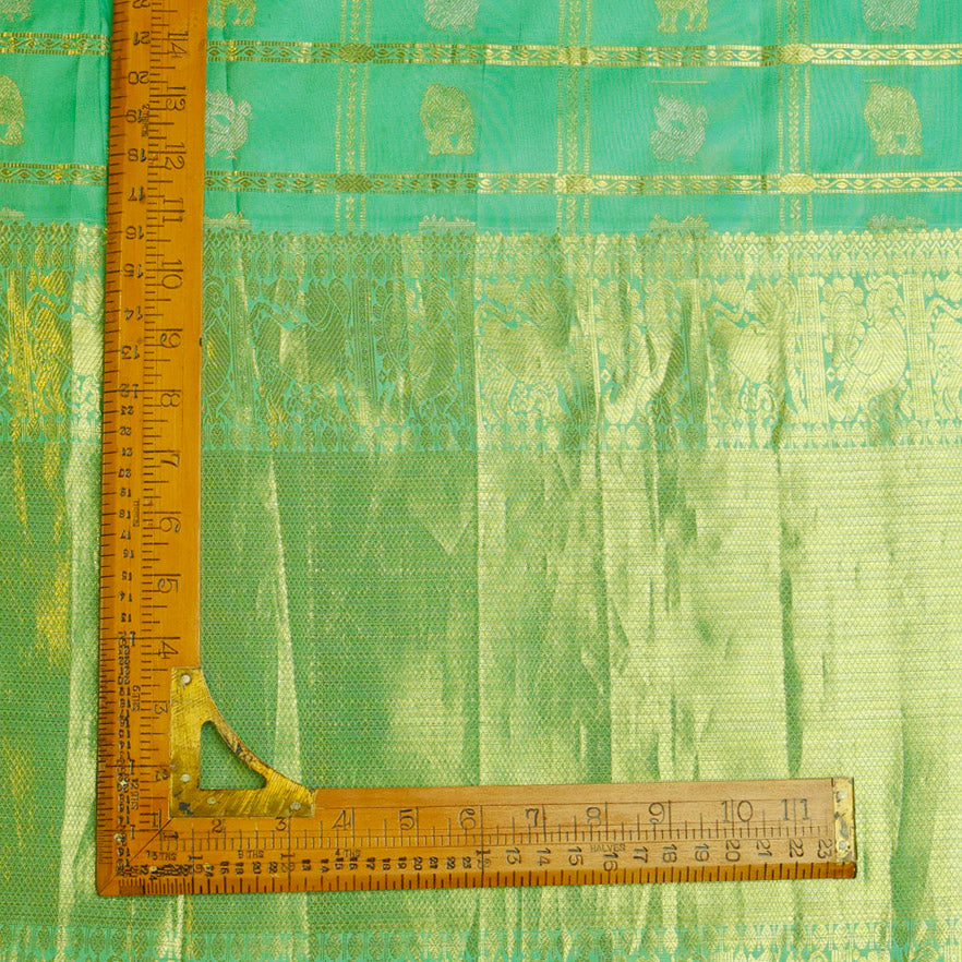 Seafoam Green Color Silk Fabric With Bird Motifs In Checks Pattern