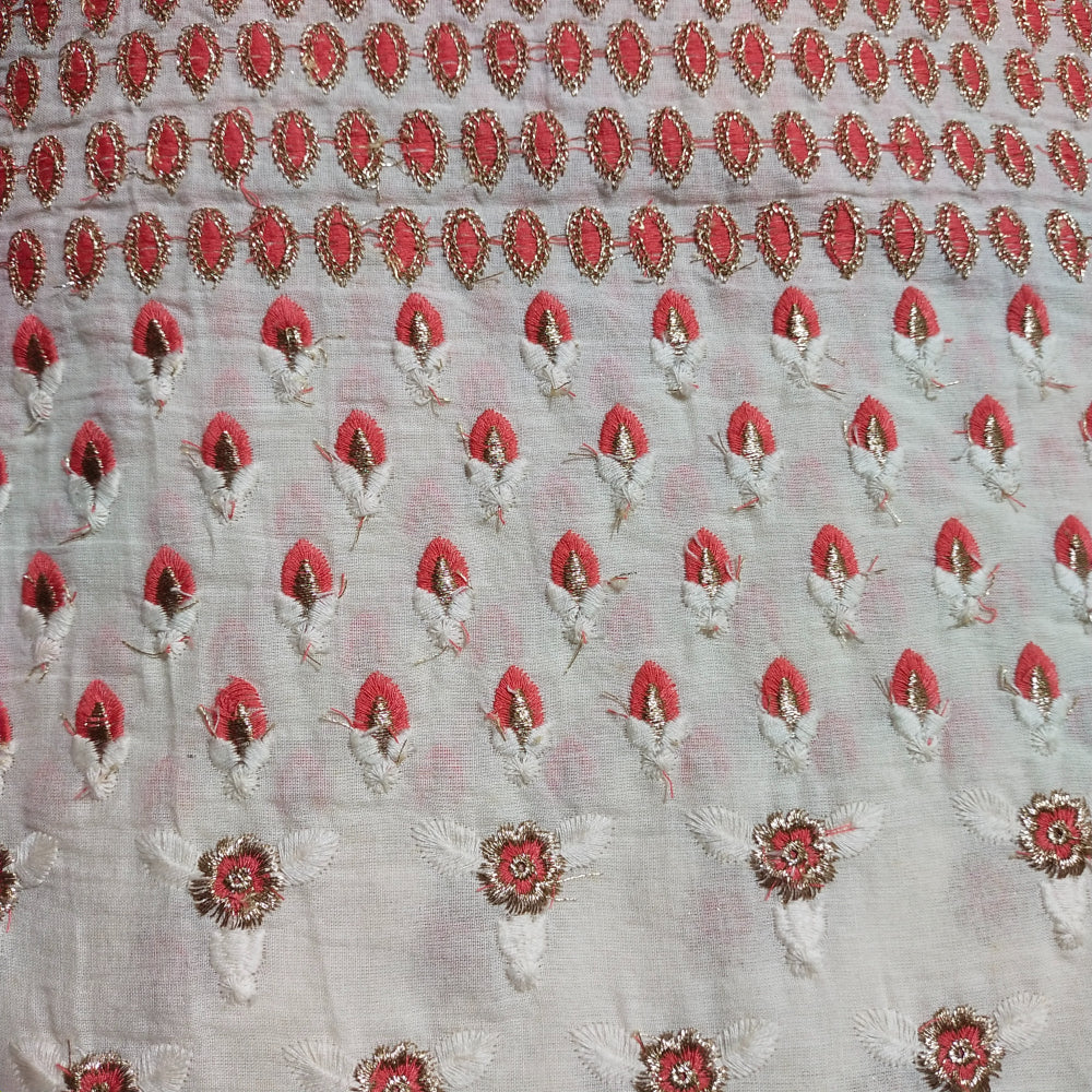 Pearl White Thread With Zari Butta Embroidered Cotton Fabric