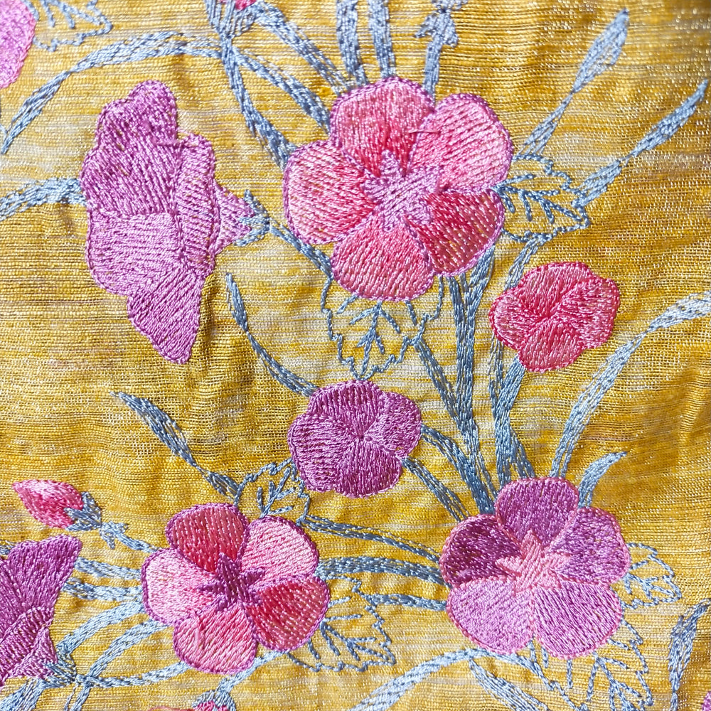 Golden Yellow Floral Jaal Thread Embroidered Matka Tissue Fabric
