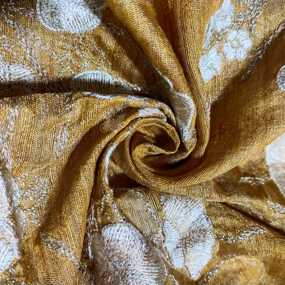 Golden Yellow Floral Jaal Thread Embroidered Matka Tissue Fabric