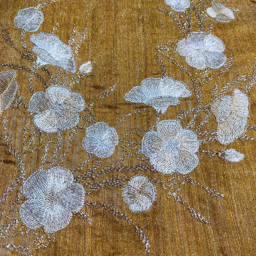 Golden Yellow Floral Jaal Thread Embroidered Matka Tissue Fabric