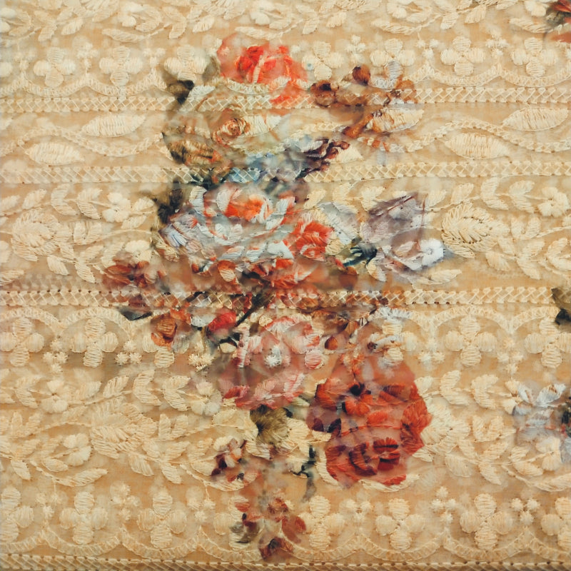 Wheat Peach Floral Print With Chikankari Embroidered Georgette Fabric