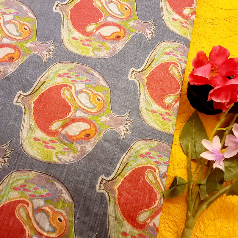 Steel Gray Color Anaar Motif Printed Dupion Silk Fabric