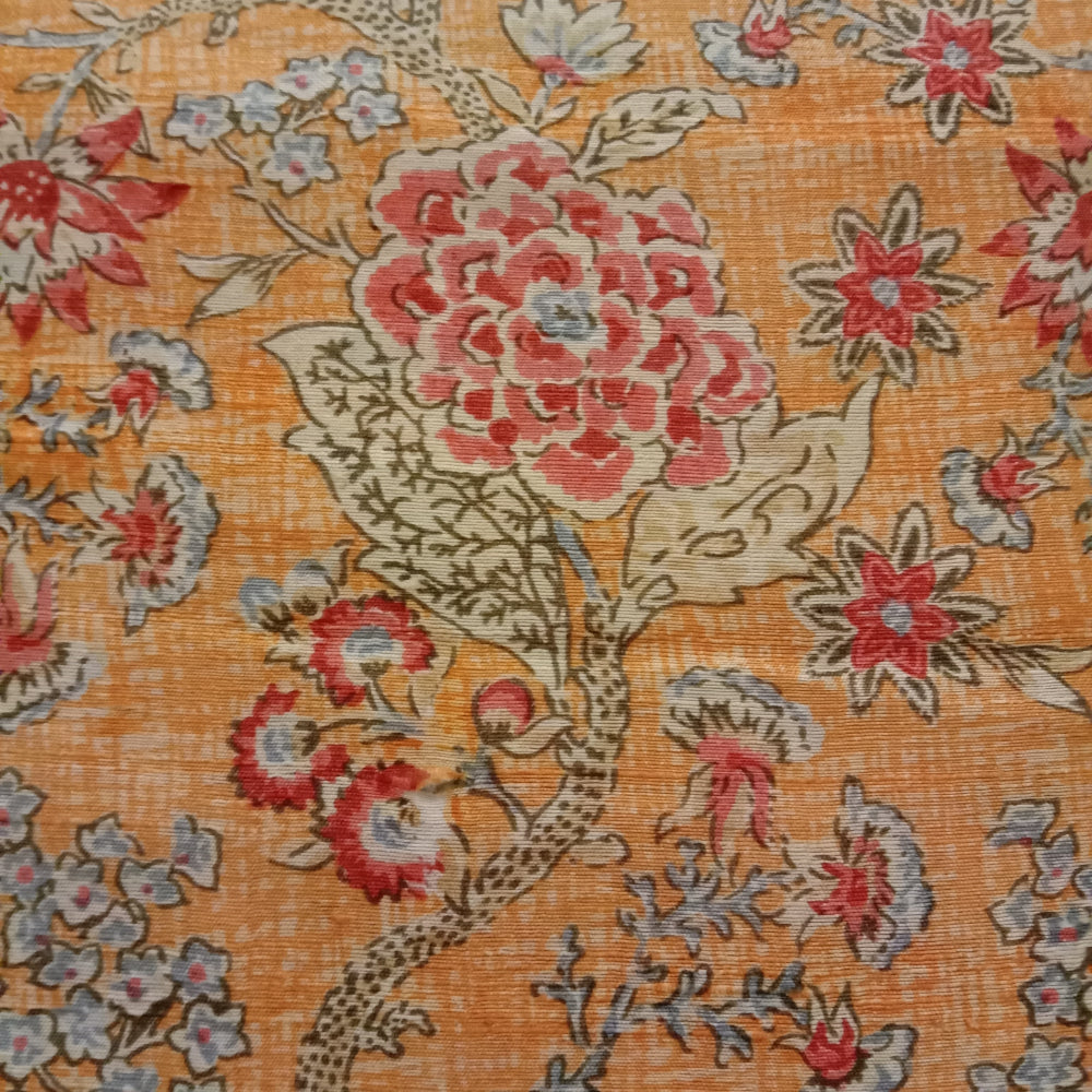 Light Monarch Orange Color Floral Printed Dupion Silk Fabric