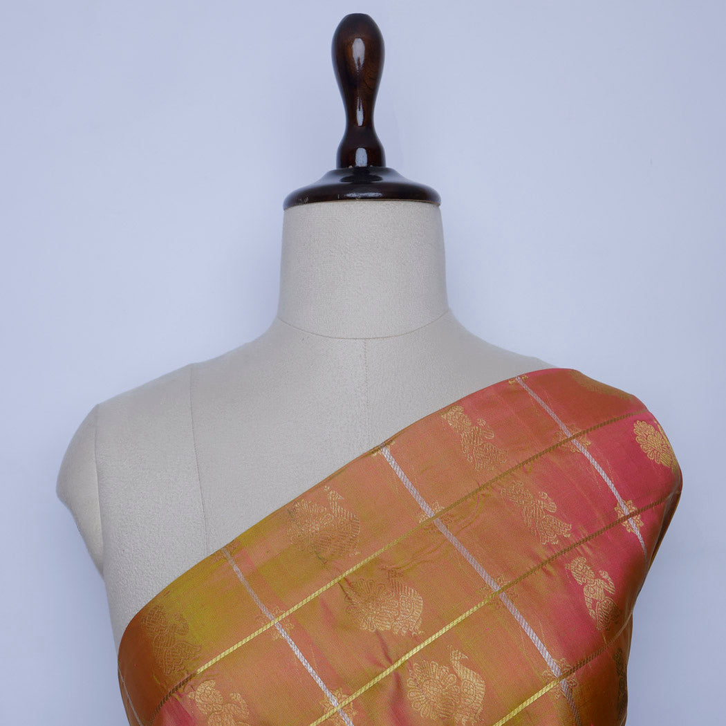 Orange Color Kanchi Silk Fabric With Checks Pattern