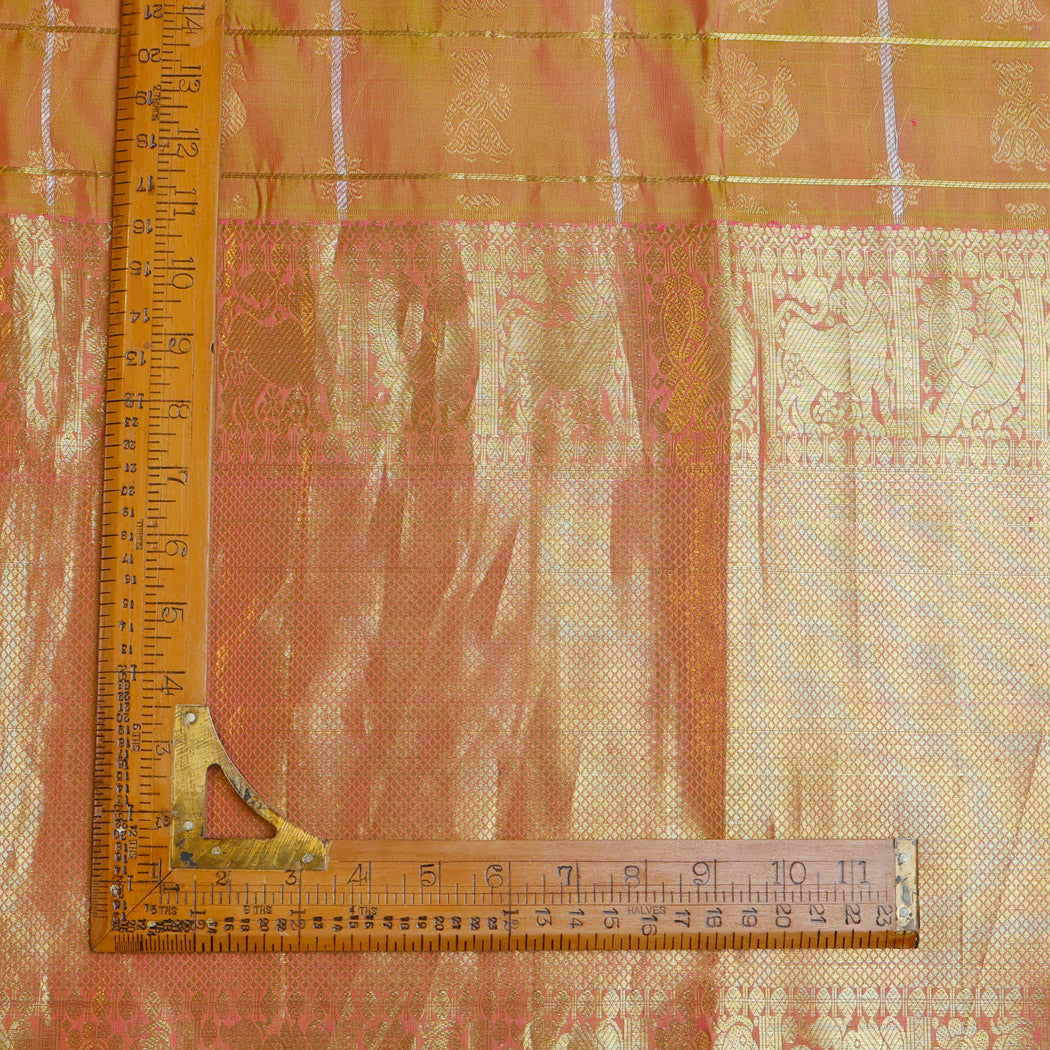 Orange Color Kanchi Silk Fabric With Checks Pattern