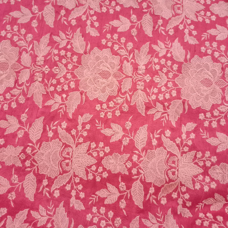 Red Color Thread Floral-Jaal Embroidered Dupion Silk Fabric