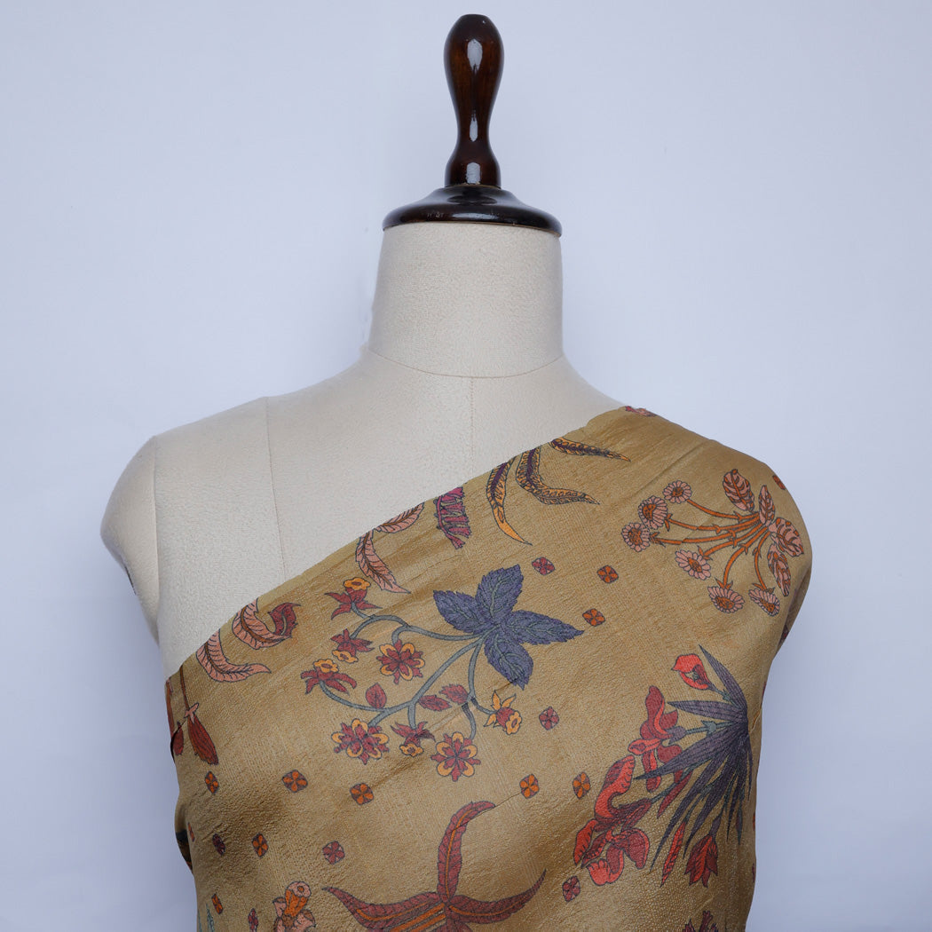 Pastel Brown Color Organza Tussar Fabric With Floral Motif Pattern
