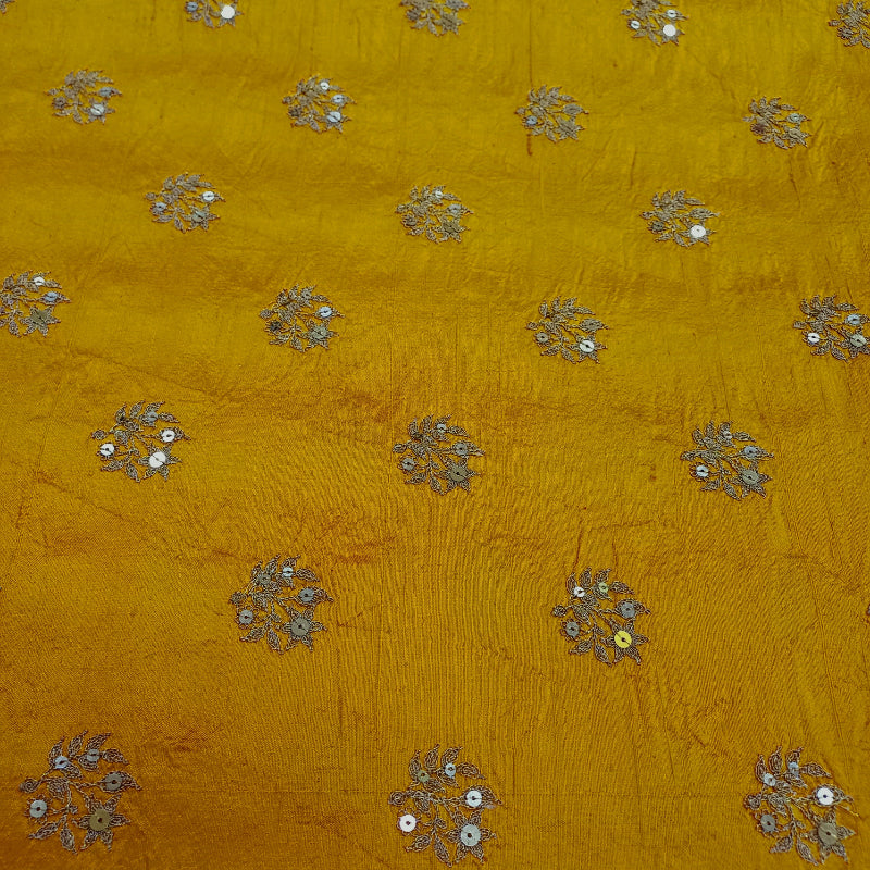Canaray Yellow Color Floral Embroidery Rawsilk Fabric