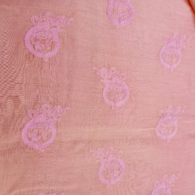 Cantaloupe Orange Color Floral Embroidered Chanderi Fabric