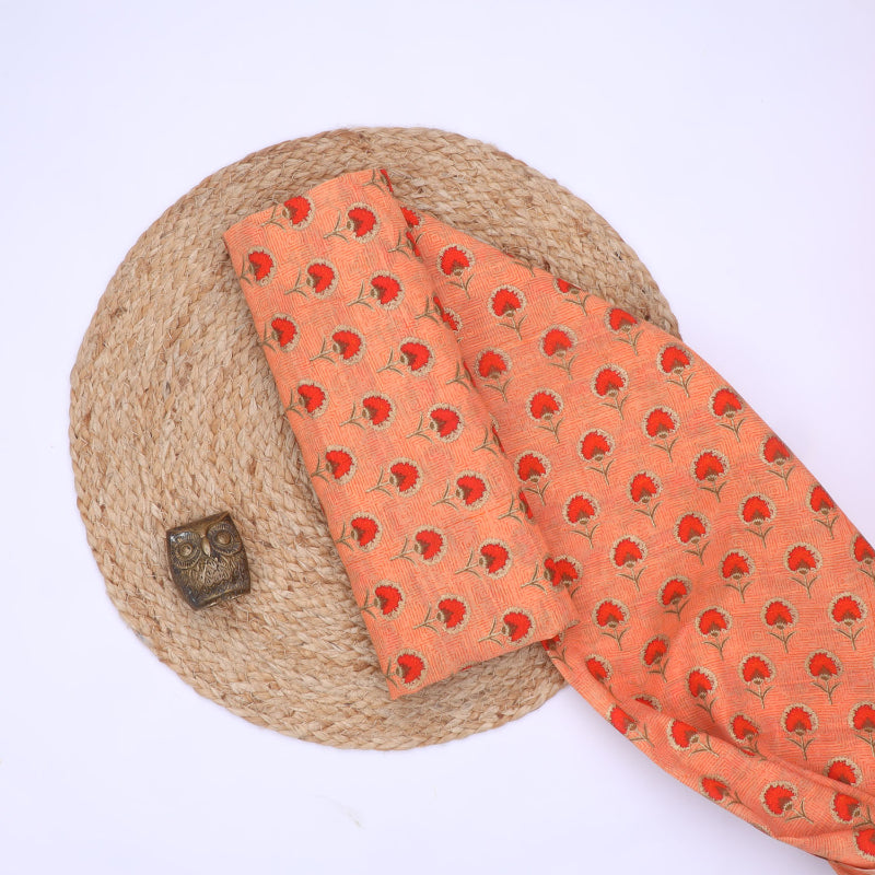 Peach Color Cotton Fabric With Printed Floral Pattern