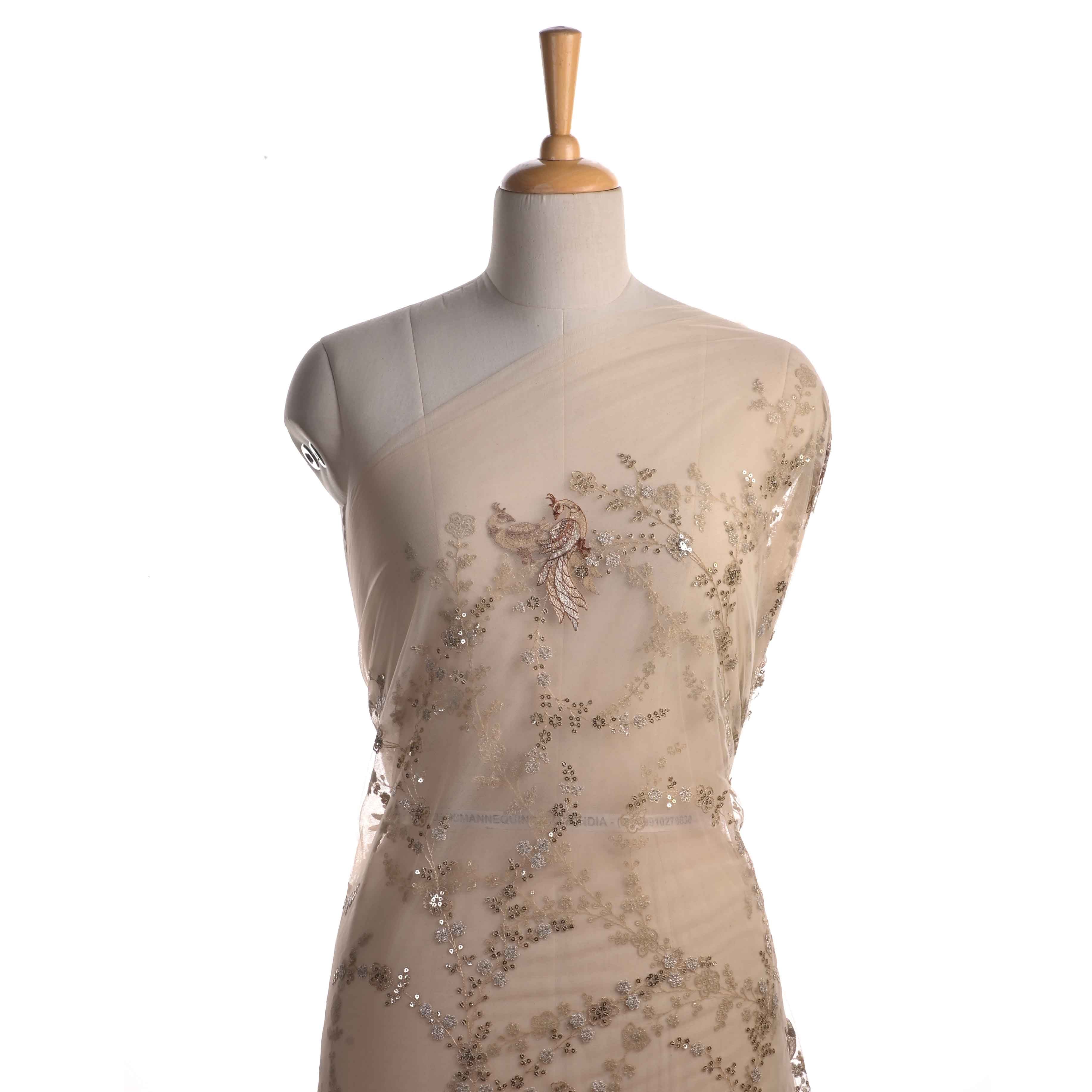 Cream White Embroidery Net Fabric With Sequin And Threadwork