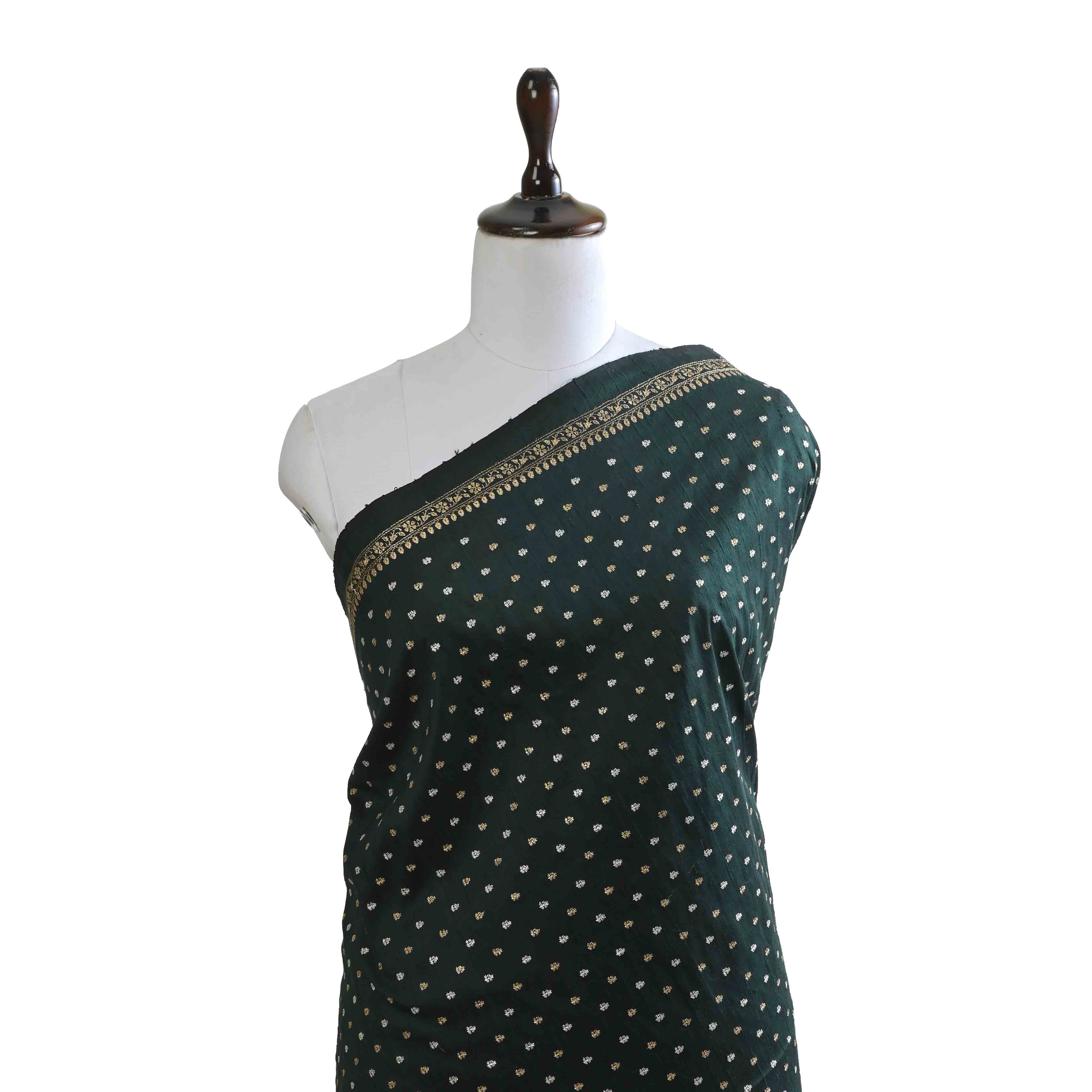 Dark Jungle Green Raw Silk Embroidered Fabric