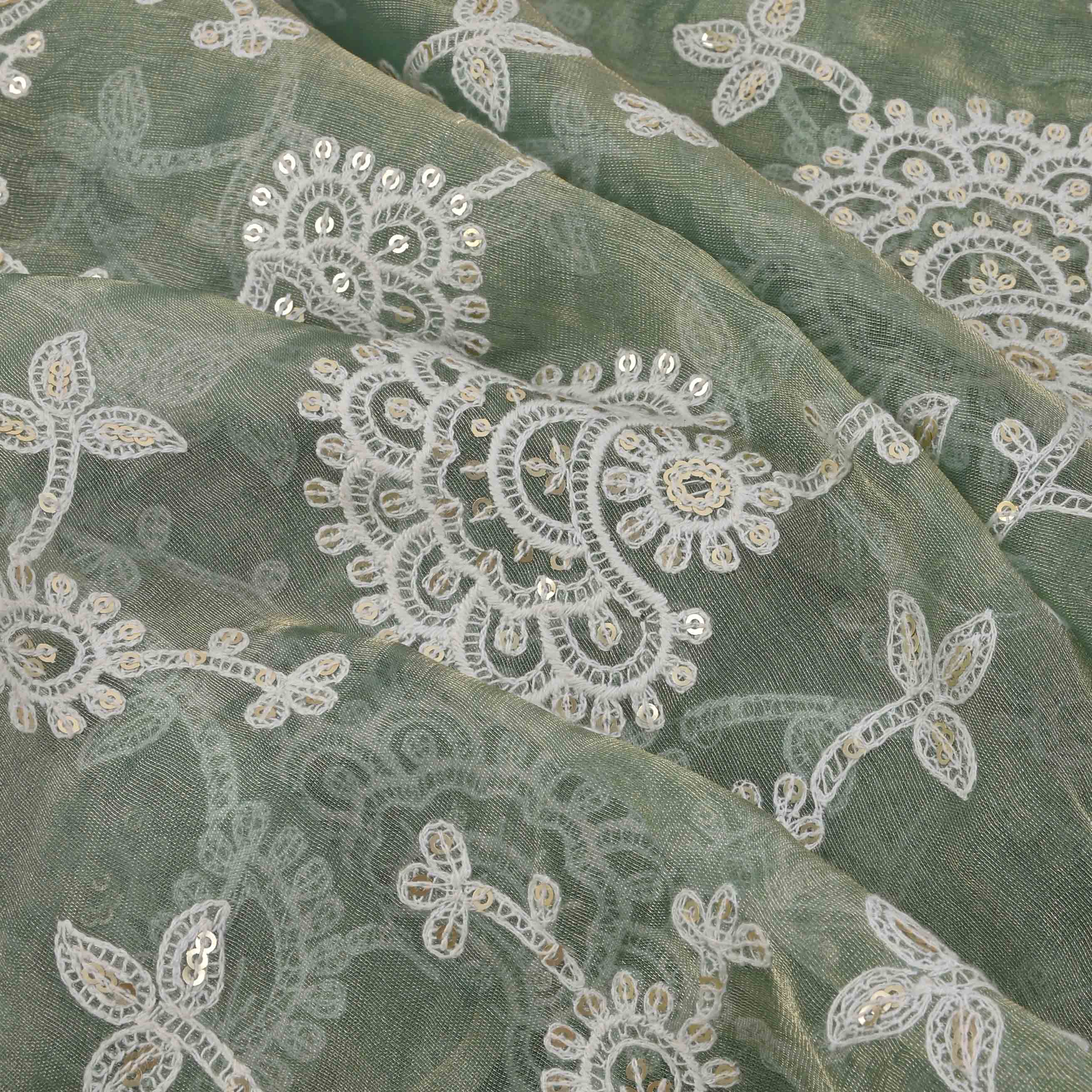Laurel Green Threadwork Embroidery Tissue Fabric